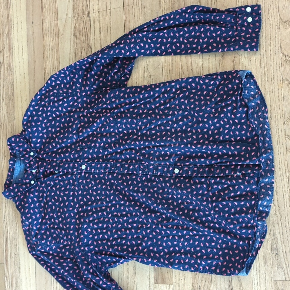 Men's Express button-down slim soft wash Navy shirt with watermelon print size L